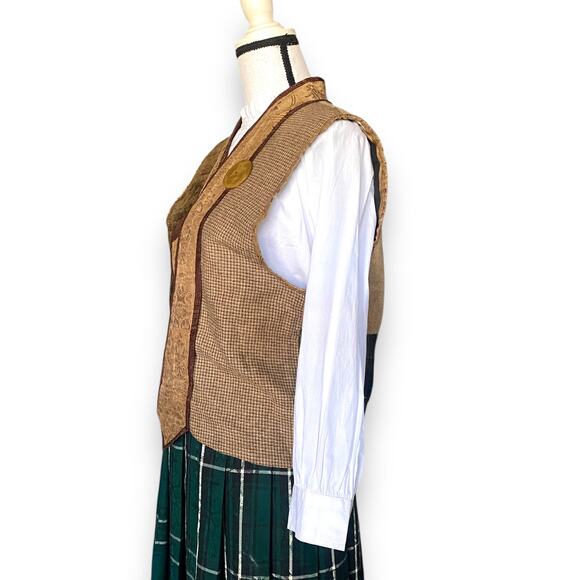 Vntg Handmade Academia Vest Sz OS Brown Mixed Materials Tweed Velvet Indie - Picture 6 of 10